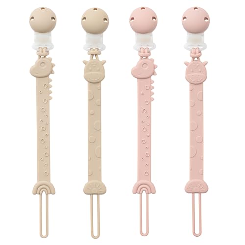 Image of YIVEKO Pacifier Clips for Baby Boys Girls, One-Piece Silicone Pacifier Holder Strap 4 Pack, Binky Paci Clips Animal Rainbow Design, Lightweight Break-Resistant, Dishwasher Safe-Ivory+Blush