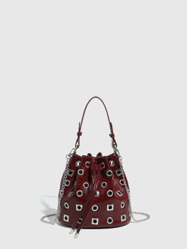 Studded Bucket Bag Women 2025 Trendy Spring Drawstring Purses Punk Hollow Out Shoulder Crossbody Bags Chain Tote Handbag4