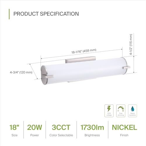Image of ASD LED 18 inch Vanity Wall Mount Light Fixture, Linear Bathroom Lighting Bar | 3CCT, Dimmable, Energy Star, ETL Listed | 20W 1500LM 3000-5000K 120V | Long Tube Bath Sconce Over Mirror | Nickel