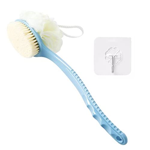 2 in 1 Shower Body Brush Long Handle with Comfy Bristles and Loofah for Skin Exfoliating Bath Massage, Wet or Dry Brushing for Women and Men With Hook(Blue)