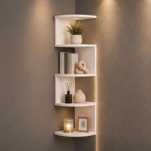 Image of Elcom Corner Wall Mounted Shelf for Living Room | Modern Wooden Corner Rack for Bedroom, Office & Home Decor | Space Saving Floating Display Shelf for Books, Plants, Photos & Decorative Items (White)