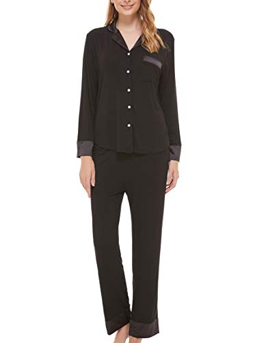 Women Pajamas Set Long Sleeve Sleepwear Ladies Button Down Nightwear Soft Pj Lounge Sets (Black, M)