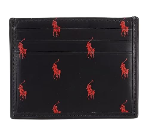 POLO RALPH LAUREN Mens Signature Pony Leather Slim Card ID Case (Black/Red)