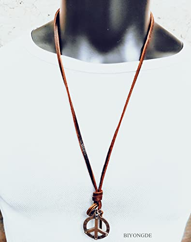 Vintage Anti-war Peace Sign Pendant Necklace, Adjustable Brown Leather, Mens Womens, Tribal Ethnic4