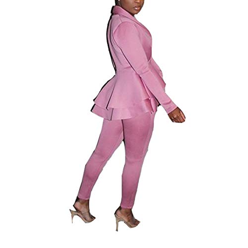 Elegant Jumpsuits Outfits for Women- Long Sleeve V Neck Peplum Ruffle Raw Hem Pullover Tops Bodycon Long Pants Sets Tracksuit Pink XL