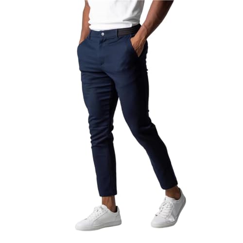 Foueo Active Chinos, Mens Slim Fit Stretch Skinny, Tapered Dress Pants, Comfort Casual Solid Trousers, with Pockets (Dark Blue,L)