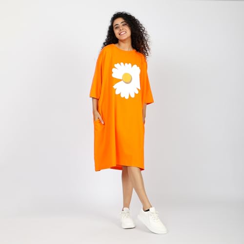 Image of LAMA STORE Women's Printed Oversized T-Shirt Dress, Cotton, 3 /4 Sleeve Length, Casual Loose Fit, Comfort Wear Extra Comfy Oversized Printed Pocket T-Shirt Dress
