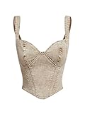 OYOANGLE Women's Denim Sleeveless Crop Tops V Neck Asymmetrical Hem Fitted Jean Corset Bustier Streetwear Khaki Medium
