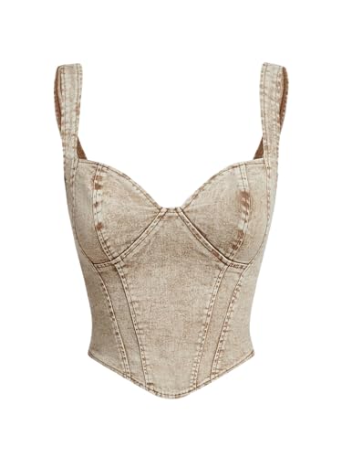 OYOANGLE Women's Denim Sleeveless Crop Tops V Neck Asymmetrical Hem Fitted Jean Corset Bustier Streetwear Khaki Medium