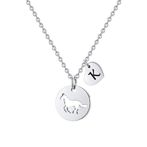 MONOOC Horse Charm Necklace, K Initial Necklace Horse Necklace for Girls, Stainless Steel Horse Pendant Necklace Horse Jewelry for Girls Heart Initial Letter Necklace Horse Gifts for Girls