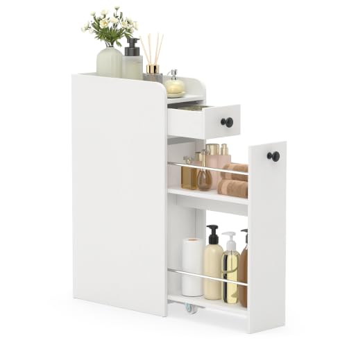 Tangkula Slim Bathroom Storage Cabinet 4-Tier Narrow Small Side Storage Cabinet Next to Toilet Slide Out Drawers on Casters Bathroom Floor Organizer Toilet Paper Holder for Small Spaces (White)