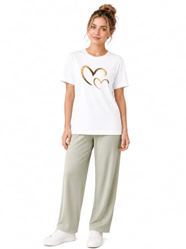 Image of ELVIA Women's Pure Cotton Top and Pyjama Co-Ord Set | Double Heart Graphic Printed Night Suit | Regular Fit Half Sleeve Round Neck T-Shirt with Pajama Sleepwear Loungewear Set
