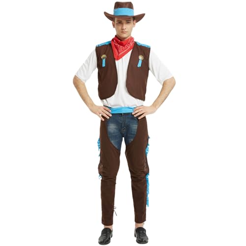 Generisch Costume de cowboy 2026 pour homme - Gilet à franges avec chapeau et foulard - Collier pour carnaval - Hippie - Pour adulte (bleu, taille unique)