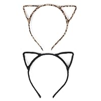 2pcs Cat Ears Headbands, Leopard Print Ears & Black Furry Cat Ear Hair Bands Hair Hoops for Adults Kids Women Girls Fancy Dress Cosplay Party Accessories F6-MRMEFG