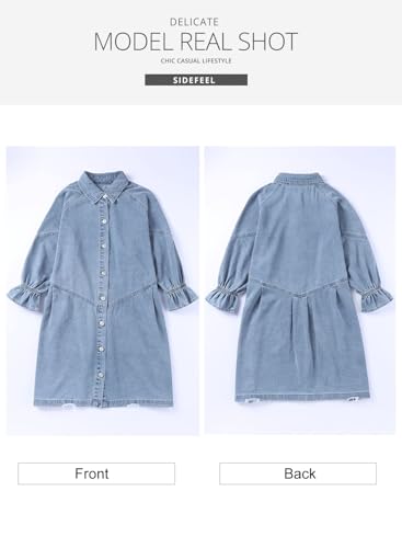 Image of Sidefeel Womens Smocked 3 4 Sleeve Button Down Denim Jeans Dresses