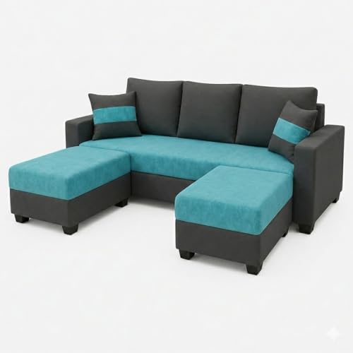 Image of FURNY Oreoy 5 Seater L Shape Sofa Set with 2 Movable Ottoman | Flexible Left or Right Layout | Plush Velvet Fabric (Aqua Blue-Dark Grey) | Perfect for Living Room, Guest Room & Office