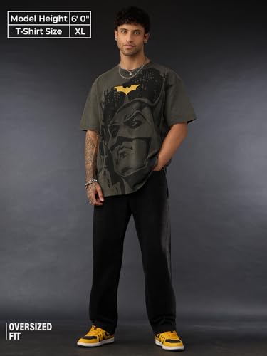 Image of The Souled Store Batman: Dark Knight Men and Boys Short Sleeves Round Neck Grey Graphic Printed Cotton Oversized Fit Breathable Lightweight All-Season T-Shirt