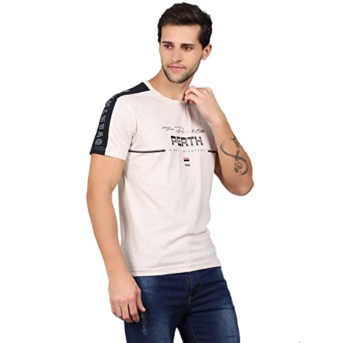 Image of Cantabil Men Off White Cotton Blend Round Neck Half Sleeve Printed T-Shirt (P MTSH00169 ECRUMELANGE)