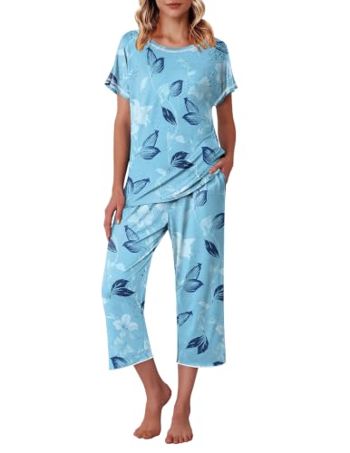 Image of Ekouaer Womens Capri Pajama Sets Print Short Sleeve Sleepwear Top and Pants