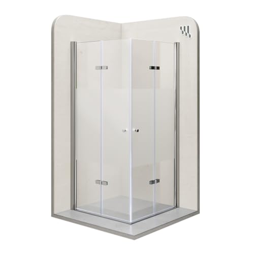 Mampara de Ducha Emma 70x90x190cm, NO REVERSIBLE, Puertas Plegables, Ajuste 68.5-70.5x88.5-90.5cm, Perfiles Cromo, Cristal Templado Parcialmente Satinado 6mm