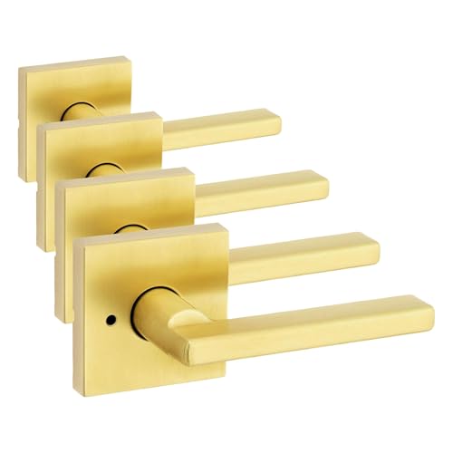 Image of Kwikset Halifax Interior Privacy Door Handle with Lock, Lever for Bathroom & Bedroom, Satin Brass Reversible Keyless Push Button Lock Door Lever, with Microban Protection, Square Rose (Pack of 4)