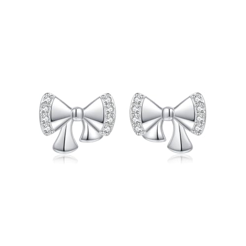 Reffeer Solid 925 Sterling Silver Cute Bow Stud Earrings for Women Teen Girls CZ Bow Earrings Stud Hypoallergenic