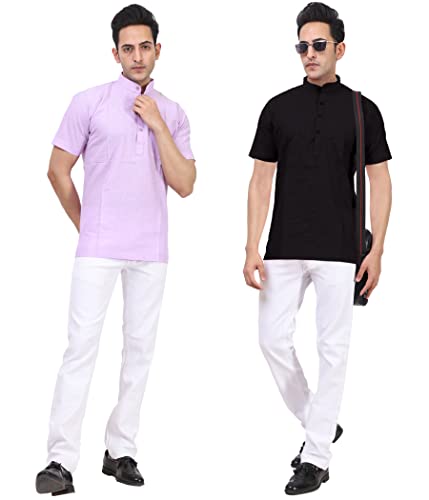 Image of KUNDAN Men's Cotton Linen Pattern Short Kurta (Pack of 2 Short Kurta for Men)