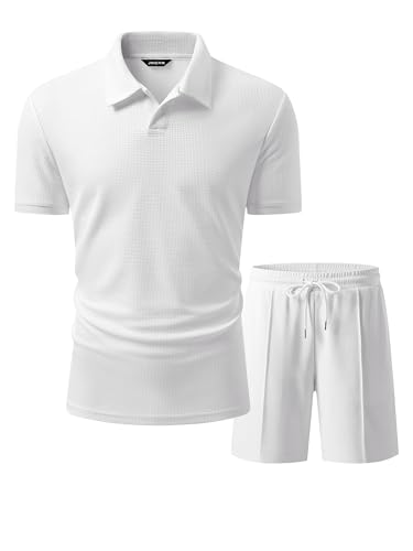 JMIERR Men's Fashion 2 Piece Polo Set Elastic Waist Shorts and Shirt Summer Holiday Outfits Streetwear Cruise Outfits for Men, Large, White