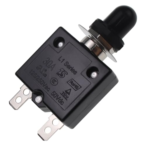 RKURCK 30A Manual Reset Thermal Circuit Breaker, 125-250V AC 50V DC, L1 Series, Push-Button, Black Cap, 30Amp, Widely Used in Household Appliances and Power Supplies
