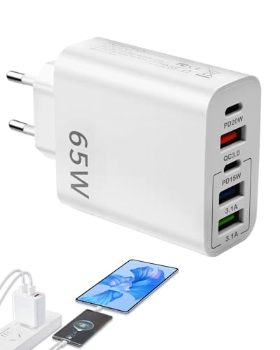 Chargeur USB-C Rapide 65W Multi Ports Adaptateur Secteur avec 5 Ports USB-C Et USB-A QC3.0 PD20W Charge Rapide Universelle pour iPhone 15 14 13 12 11 Samsung...