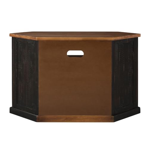 BOWERY HILL Rustic Corner TV Stand, 50 in Wide Solid New Zealand Pine, Antique Black and Honey Finish, Fits 55 in TVs, Space-Saving Design with Open Cubby and Cabinet Storage for Living Room