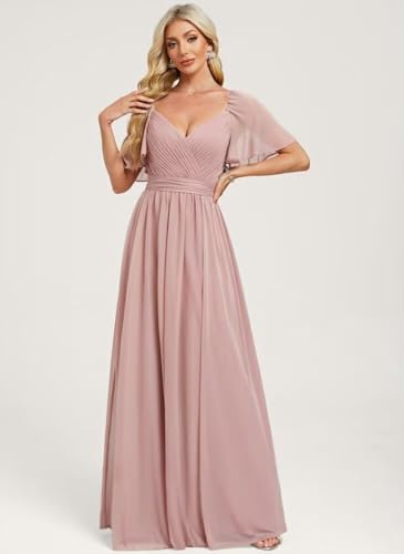 Elegant Chiffon Bridesmaid Dresses 2025 Ruffle Sleeves A-Line Formal Evening Dresses with Slit TM1534