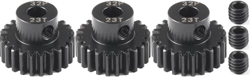 32P 23T RC Car Gear Set | 45# Steel Black Oxide | 5mm Bore +0.03mm | Precision Engineered Motor Pinion Gear Compatible with Traxxas/ARRMA/HPI/Kyosho (3-Pack with M4 Set Screws)
