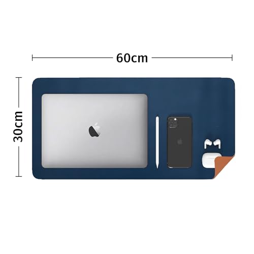 Image of Bellblock Large Extended Desk Mat /Mouse Pad /Gaming Mouse Pad | Vegan PU Leather | Anti-Skid, Non-Skid, Reversible Splash-Proof | Blue & Tan | 90cm x 45cm (Pack of 1) (DM1, 60 x 30cm Combo)