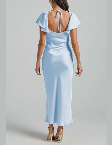 Image of Summer Satin Flutter Sleeve Wedding Guest Dresses for Women Sweetheart Neckline Cutout Tie Back Midi Cocktail Dress