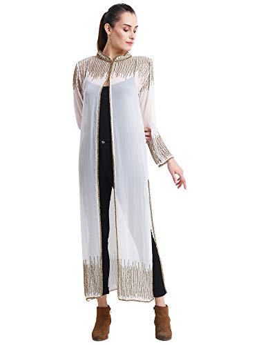 Image of Matelco Women Georgette Floor Length Hand Embroidered Embellished Longline Front Open Shrug Dress