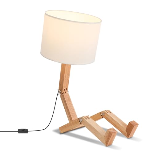 ELINKUME Robot Bedside Lamp, Fabric Lampshade Match Foldable Solid Wood