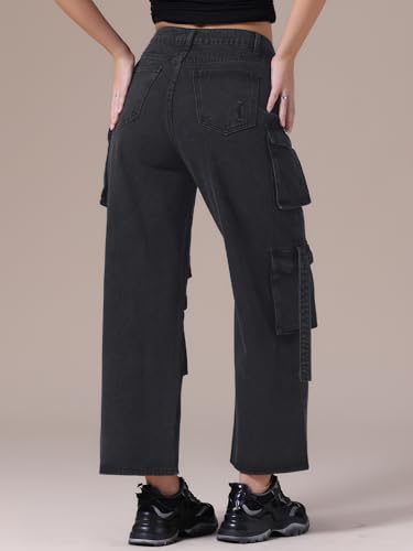Women's Cargo Jeans Straight Wide Leg High Waist 8 Pockets Casual Baggy Denim Pants4