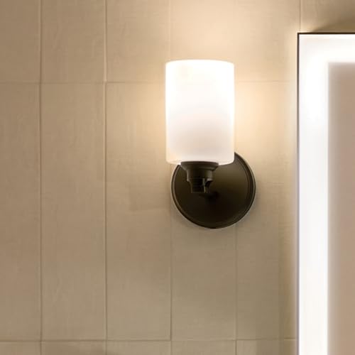 Image of Kichler Gioe 5 inch 1-Light Wall Sconce Bathroom Light Fixture with Opal Glass in Black, Damp Rated for Powder Room, Kitchen, Hallway, Bedroom (5 inch x 9.5 inch x 5 inch), 55224BK