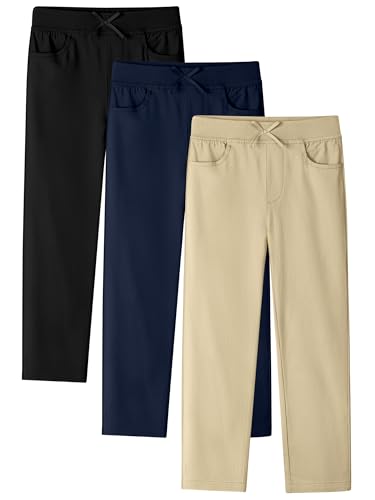 Resinta 3 Pack Girls Uniform Pants Slim Straight School Uniform Pants for Girls with Ribbed Waistband & 4 Pockets 4-14Y