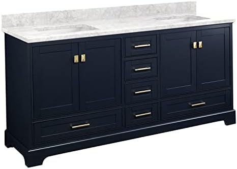 Signature Hardware 483513 Quen 72" Free Standing Double Basin Vanity Set with Cabinet, Vanity Top, and Undermount Sink - No Faucet Holes - Midnight Navy Blue/Carrara Marble