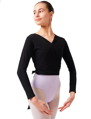 tanzmuster Ballett Wickeljacke Mädchen - Mandy - extra weicher Baumwollstoff - Ballettjacke zum Binden für Kinder - schwarz 140/146