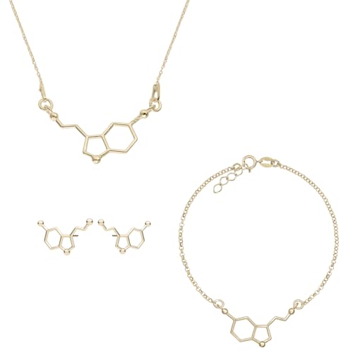 e-Crystal - Conjunto de plata de ley 925, pendientes, pulsera y collar con molécula de serotonina, Plata de ley