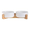 HCHLQLZ White Ceramic Cat Dog Bowl Dish with Wood Stand No Spill Pet Food Water Feeder Cats Small Dogs Set of 2