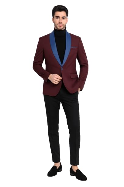 Men’s Burgundy Tuxedo Dinner Jacket Blazer with Blue Satin Shawl Lapel Wedding and Party Jacket