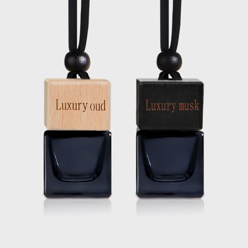 Image of Car Air Freshener, Hanging Oil Diffuser,pack of 2,luxury oud & luxury musk Black and Natural Wood