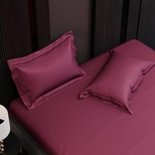 Image of Stoa Paris 350TC Luxstre Cotton Double Fitted Bedding Set with 2 Pillow Covers, All-Around Elastic Fitted Bedsheet 152cm x 198cm + 30cm Drop, All Season Comfort, Breathable, Panache - Maroon