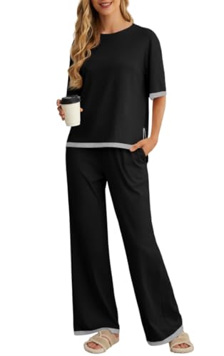 PrinStory Pyjama Damen Kurzarm Rundhals Schlafanzug Sommer Farbblock Nachtwäsche Mit Seitenschlitz Oberteil Und Hose (A Schwarz, L)