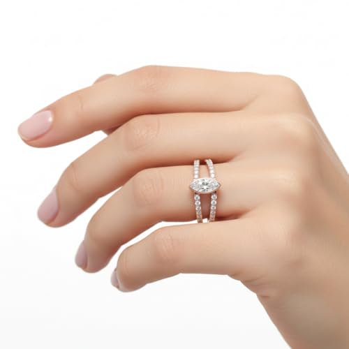 Image of Choose Your Gemstone Marquise Bezel Set Diamond CZ Band Rose Gold Plated Marquise Shape Split Shank Engagement Ring Lightweight Office Wear Everyday Gift Jewelry US Size 4 to 12