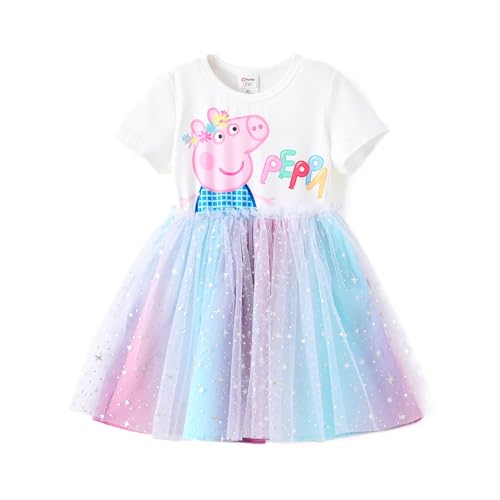 Peppa Pig Toddler Girls Dress for Summer Short Sleeve Tutu Rainbow Dresses for Birthday Party Tulle Princess Dress with Sparkly Star White Little Girls Size 2T